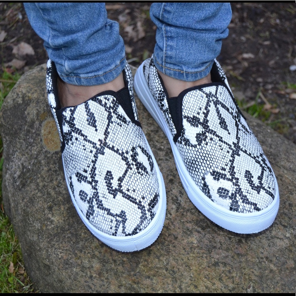 Black & White Snake Animal Print Slip On Sneakers - Picture 2 of 4